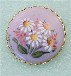 Vtg Hand Painted Daisies Floral Signed Fessenden Brooch