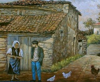 French Oil Painting Farm Scene Feed Chickens Original