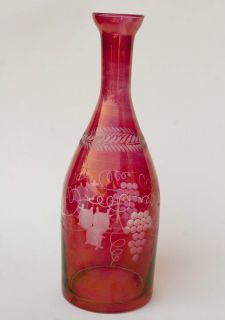  Victorian Bohemian Glass Ruby Cranberry Etched Decanter 1850S