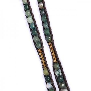 Eudora Natural Indian Agate Gold plt Beads 5 Wraps Leather Bracelet