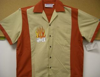 Tan Rust Retro Bowling Shirt Flaming Dice Get Hot Craps Retrobowler
