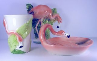 PINK FLAMINGO BATH SET Ceramic 3 Pieces Made in Japan Vintage Vandor