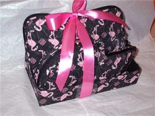 Pink Flamingo on Black 5 PC Quilted Cosmetic Makeup Set