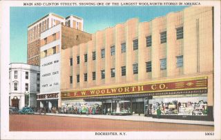 Rochester NY F W Woolworth Store Main Clinton Streets Linen Postcard
