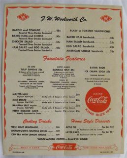 Original Vintage 1958 F W Woolworth Co Menu From Store No 693 South