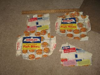 vintage food frozen FISH BITES Birdseye 1960s box wax wrapper (3 items