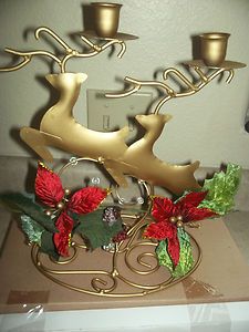 Christmas Reindeer and Candles Gold Metal Fireplace Mantel TableCenter
