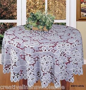 Battenburg Lace with Sheer Floral Tablecloth 88 Round 8 Napkins White