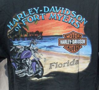   AT Harley Davidson of Fort Myers Florida Beach Pier Black T Shirt Lg