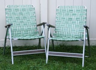 Pair Vtg Aluminum Folding Lawn Chair Webbed Green Web Strap Patio