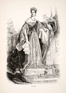 1881 Wood Engraving Queen Victoria British Royalty Portrait Costume