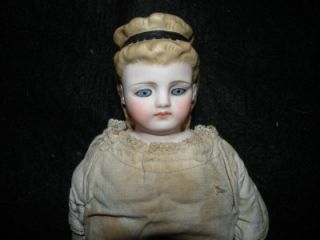 Antique Parian Doll Glass Eyes Pierced Ears Black Headband Fancy Hair