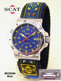 Mens 100m SCAT Blue Surf Fishing Watch w Patterned Velcro band
