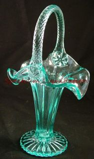  Glass 8 1/2 Blue Turquoise Tall Twisted Handle Basket David Vincent