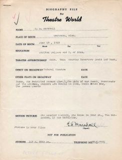  Actor E G Marshall Autographed Theatre World Biography Form