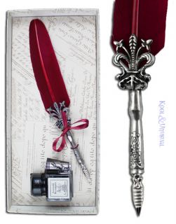 Red Italian Feather Quill Fleur de Lis Pen Ink Set