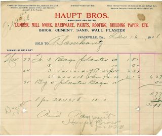 1908 haupt bros hardware billhead frackville pa rare 1908 billhead