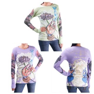 Christian Audigier Ed Hardy Womens Flower Thermal Top Shirt Platinum