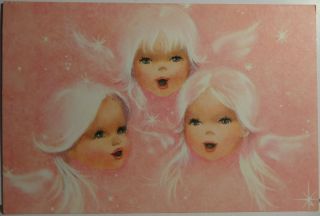 60s Pretty Angels in Pink Vintage Christmas Card 1349
