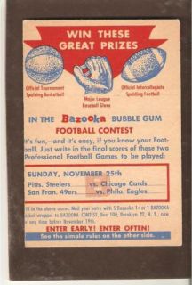 1956 Topps Contest Card CB Nov 25th Steelers 49ers VGEX
