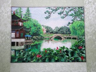   embroidery painting Garden landscape pavilions bridges lotus Lake