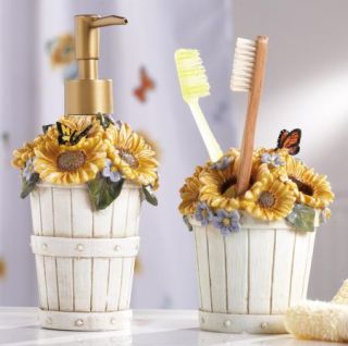 PC Country Sunflower Basket Bath Sink Accessory Set Pump Toothbrush