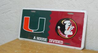 Miami Hurricanes Florida State Seminoles License Plate  House Divided