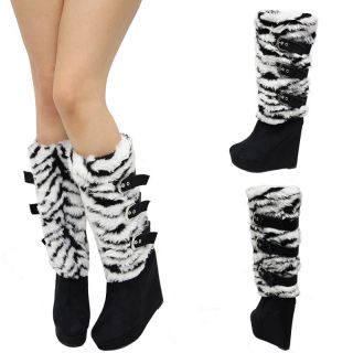 Blk White Zebra Almond Toe Fur High Heel Platform Wedge Mid Calf Knee