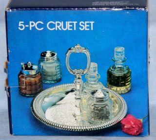 Vintage Cruet Set   5 pc Silver Plate   1983 Action Industries