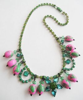 Vintage Rhinestone Necklace Artisan Dyed Stones Watermelon Beads Pink