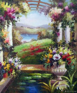 French River Garden Estate Flowers Pond Oil Painting