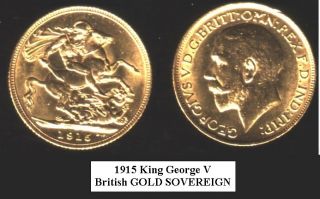 1915 GOLD King George V ENGLISH SOVEREIGN Mint BU BEAUTY OLD WW I COIN