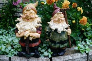 Two 12 in Garden Gnomes Rake Spade Winking Happy Nome Elf Yard