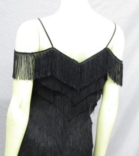 Vtg 80s Deco Tier Black Fringe Flapper Cocktail Party Trophy Dress S