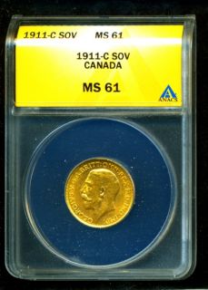 1911 C Canada George V Gold Coin Sovereign ANACS MS 61