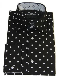 Steven Land Black White Polka Dots Fashion Dress Shirt French Cuffs