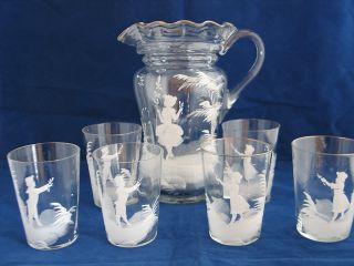  Gregory Enameled Boys and Girls Water Set Pitcher 6 Tumblers