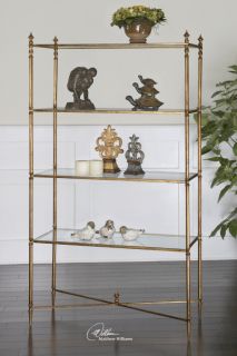 Henzler Open Iron Glass Etagere 4 Shelf Display Antiqued Gold Classic