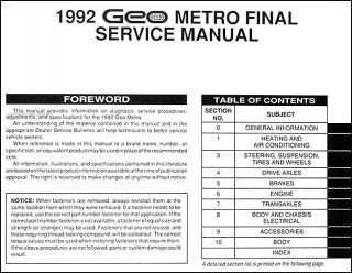 this manual covers all 1992 geo metro models including hatchback