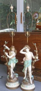 Auguste Moreau Famous French Sculptor Pair of Boy Girl Lamps