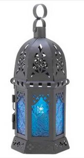 Black Metal Ocean Blue Glass Antique Style Hanging Candle Lantern New