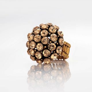 Gold Plated Chunky Spherical Rhinestone Stretch Dome Ring Champagne
