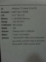 Gateway Netbook LT4010U Intel Atom N2600 1GB DDR3 320GB HDD 10 1 LED