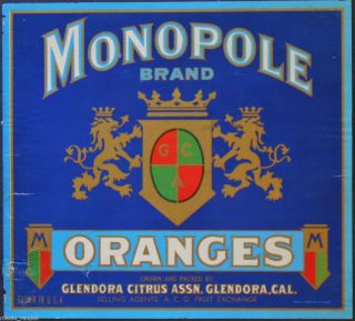  Brand Vintage Orange Crate Label, Glendora, CA **Original Lithograph