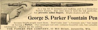 1897 Ad G Parker Lucky Curve Fountain Pen Janesville Original