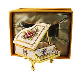 White Miniature Grand Piano Trinket Jewelry Box Victorian Rose