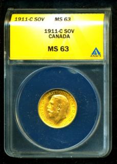 1911 C Canada G V Gold Coin Sovereign ANACS Cert Genuine Grade MS 63