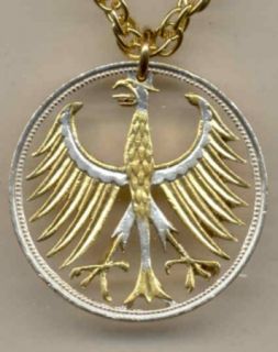 Gold on Silver Cut Coin German 5 Mark Eagle Necklace with Rim and No