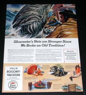  Print Ad Socony Vacuum Gloucester Fisherman Fishing Net Art