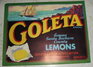 Vintage Goleta Sunkist Lemons Crate Label 1940s Sailing SHIP Unused